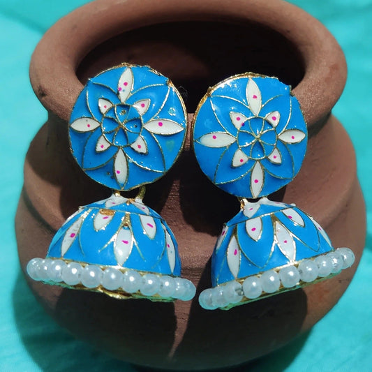 Vastradi Alloy Minakari White Beads Jhumki in Sky Blue Colour ER1200012