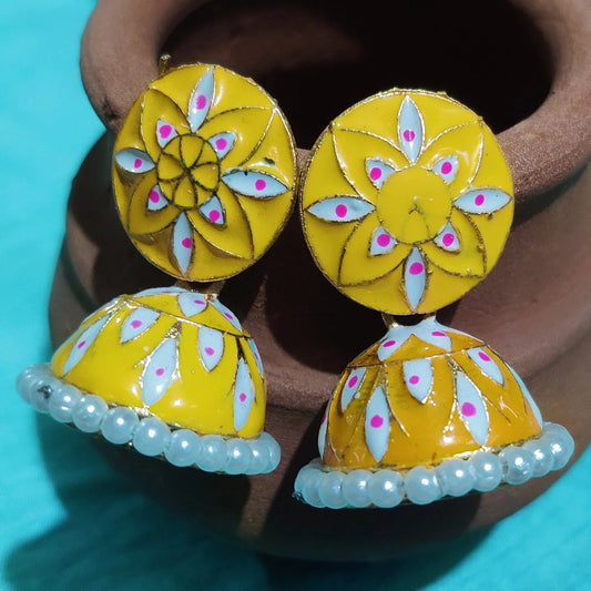 Vastradi Alloy Minakari White Beads Jhumki in Yellow Colour ER1200017