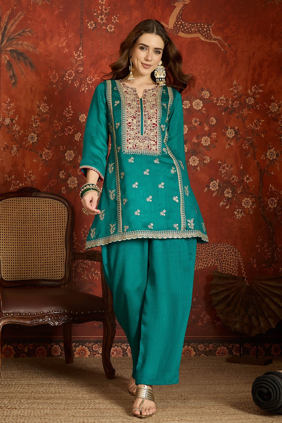 Vichitra Silk Embroidery Work Palazzo Pant Suit In Blue Colour