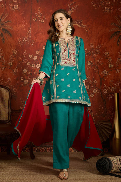 Vichitra Silk Embroidery Work Palazzo Pant Suit In Blue Colour