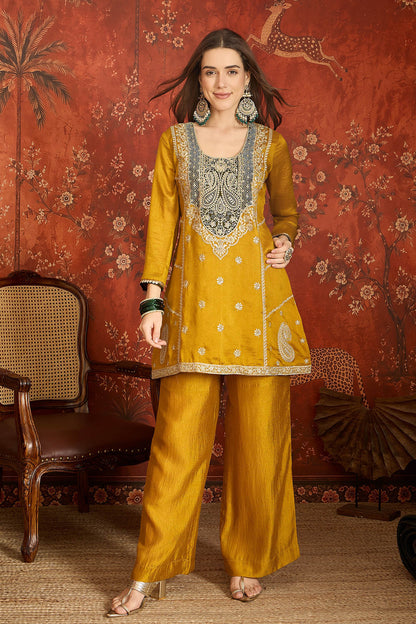 Vichitra Silk Embroidery Work Palazzo Pant Suit In Mustard Colour