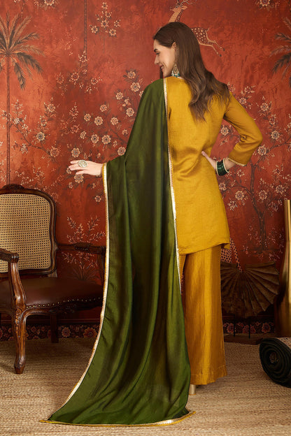 Vichitra Silk Embroidery Work Palazzo Pant Suit In Mustard Colour
