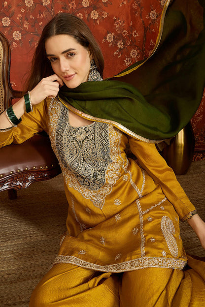 Vichitra Silk Embroidery Work Palazzo Pant Suit In Mustard Colour
