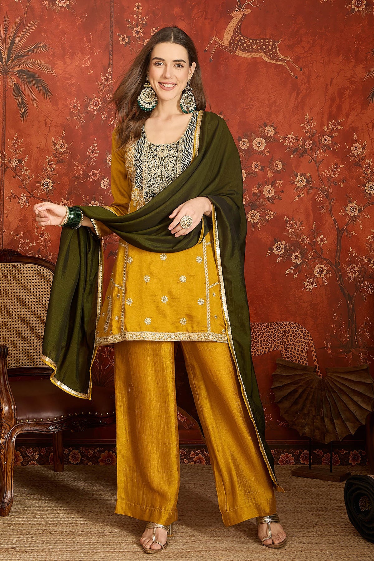 Vichitra Silk Embroidery Work Palazzo Pant Suit In Mustard Colour