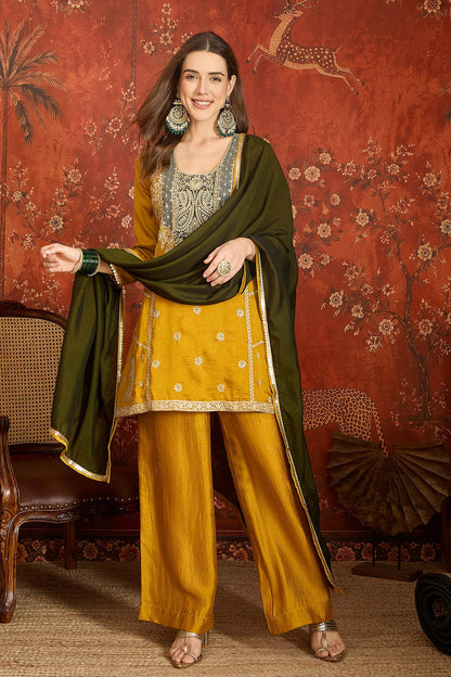 Vichitra Silk Embroidery Work Palazzo Pant Suit In Mustard Colour