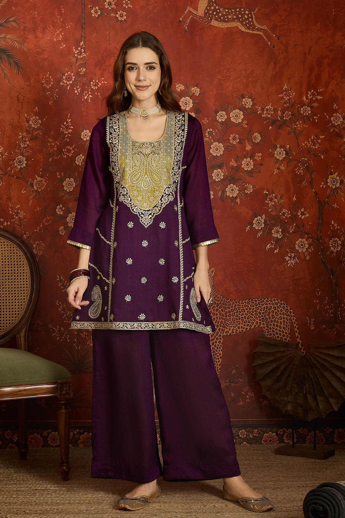 Vichitra Silk Embroidery Work Palazzo Pant Suit In Purple Colour
