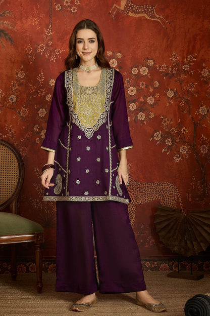Vichitra Silk Embroidery Work Palazzo Pant Suit In Purple Colour
