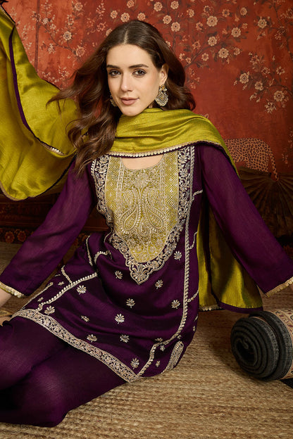 Vichitra Silk Embroidery Work Palazzo Pant Suit In Purple Colour