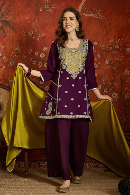 Vichitra Silk Embroidery Work Palazzo Pant Suit In Purple Colour