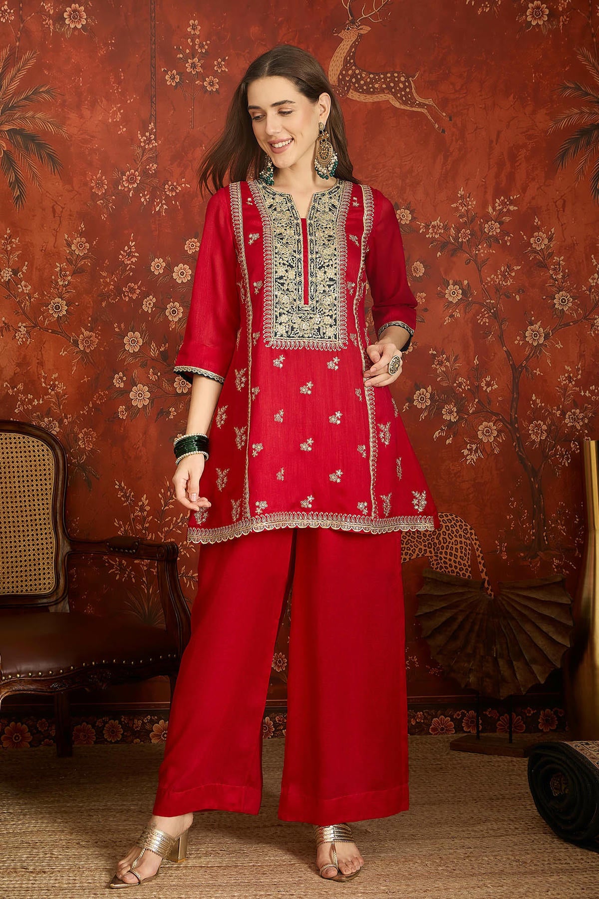 Vichitra Silk Embroidery Work Palazzo Pant Suit In Red Colour