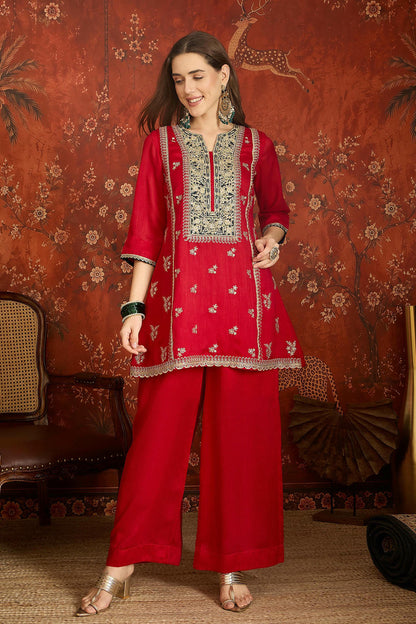 Vichitra Silk Embroidery Work Palazzo Pant Suit In Red Colour
