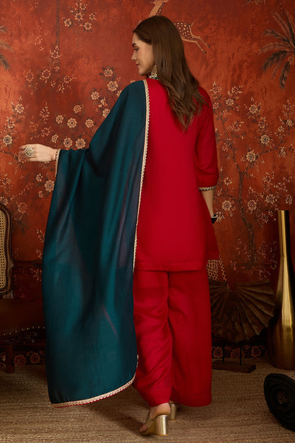 Vichitra Silk Embroidery Work Palazzo Pant Suit In Red Colour