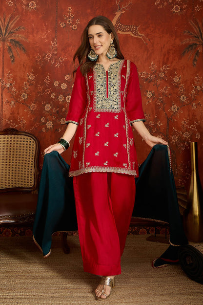 Vichitra Silk Embroidery Work Palazzo Pant Suit In Red Colour