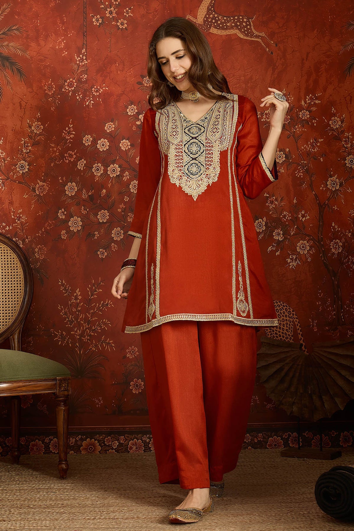 Vichitra Silk Embroidery Work Palazzo Pant Suit In Rust Colour