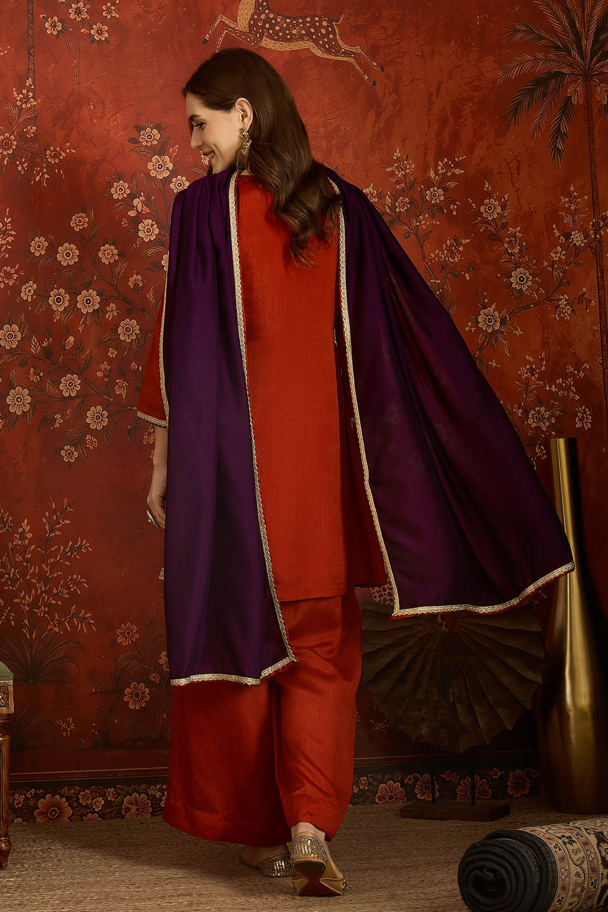 Vichitra Silk Embroidery Work Palazzo Pant Suit In Rust Colour