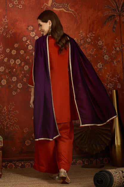 Vichitra Silk Embroidery Work Palazzo Pant Suit In Rust Colour