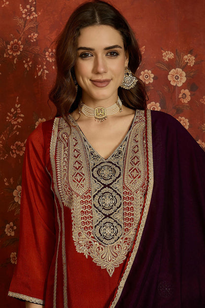 Vichitra Silk Embroidery Work Palazzo Pant Suit In Rust Colour