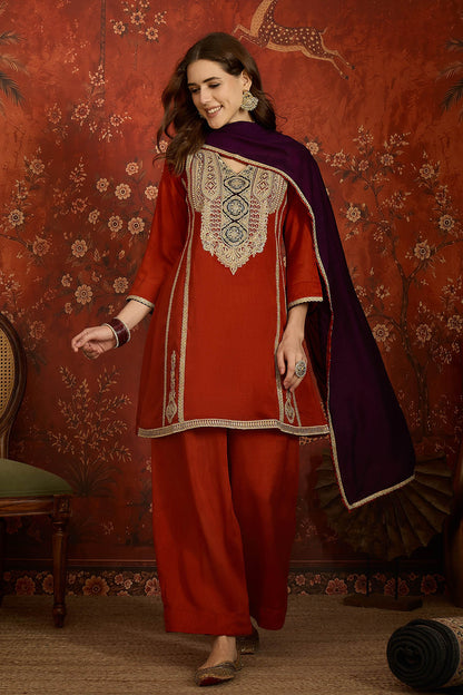 Vichitra Silk Embroidery Work Palazzo Pant Suit In Rust Colour