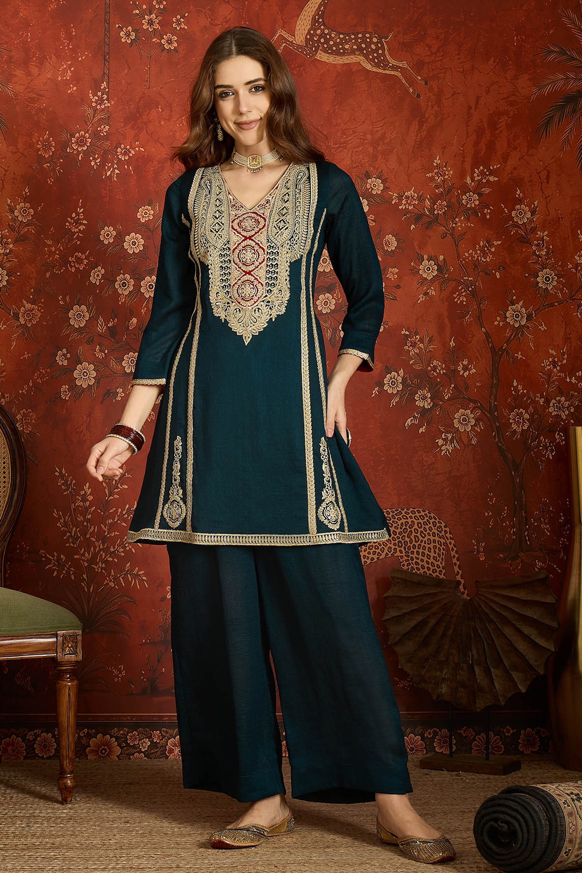 Vichitra Silk Embroidery Work Palazzo Pant Suit In Teal Colour