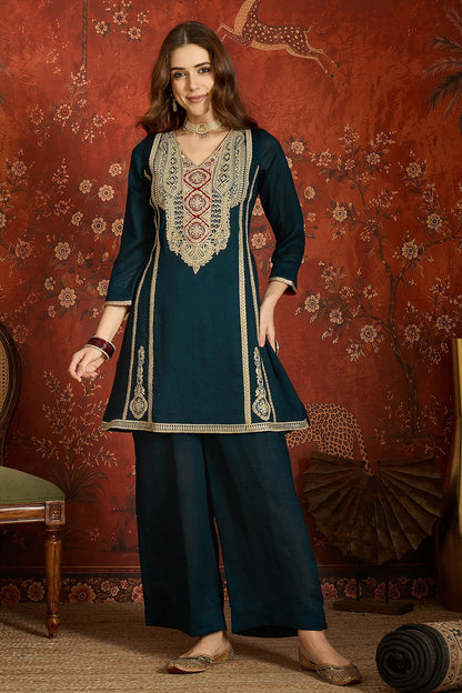 Vichitra Silk Embroidery Work Palazzo Pant Suit In Teal Colour