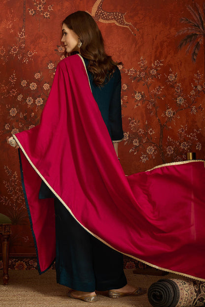 Vichitra Silk Embroidery Work Palazzo Pant Suit In Teal Colour
