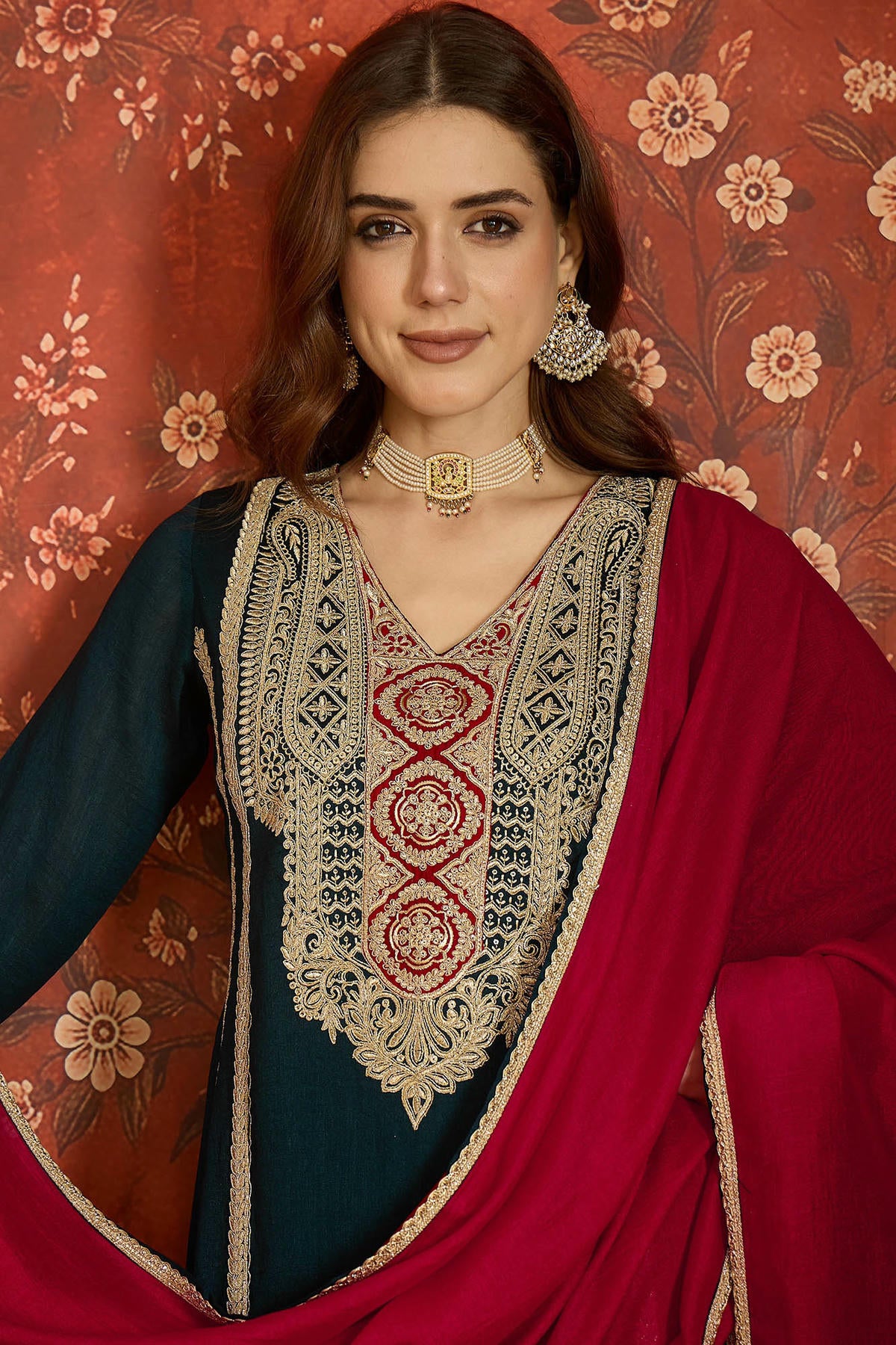 Vichitra Silk Embroidery Work Palazzo Pant Suit In Teal Colour