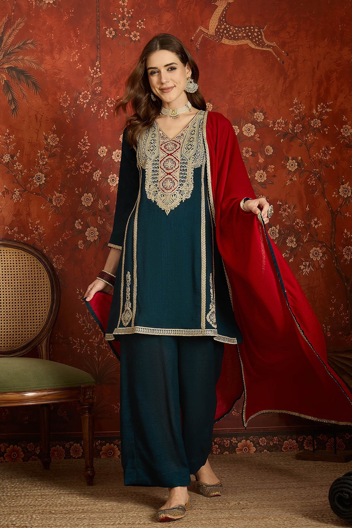 Vichitra Silk Embroidery Work Palazzo Pant Suit In Teal Colour