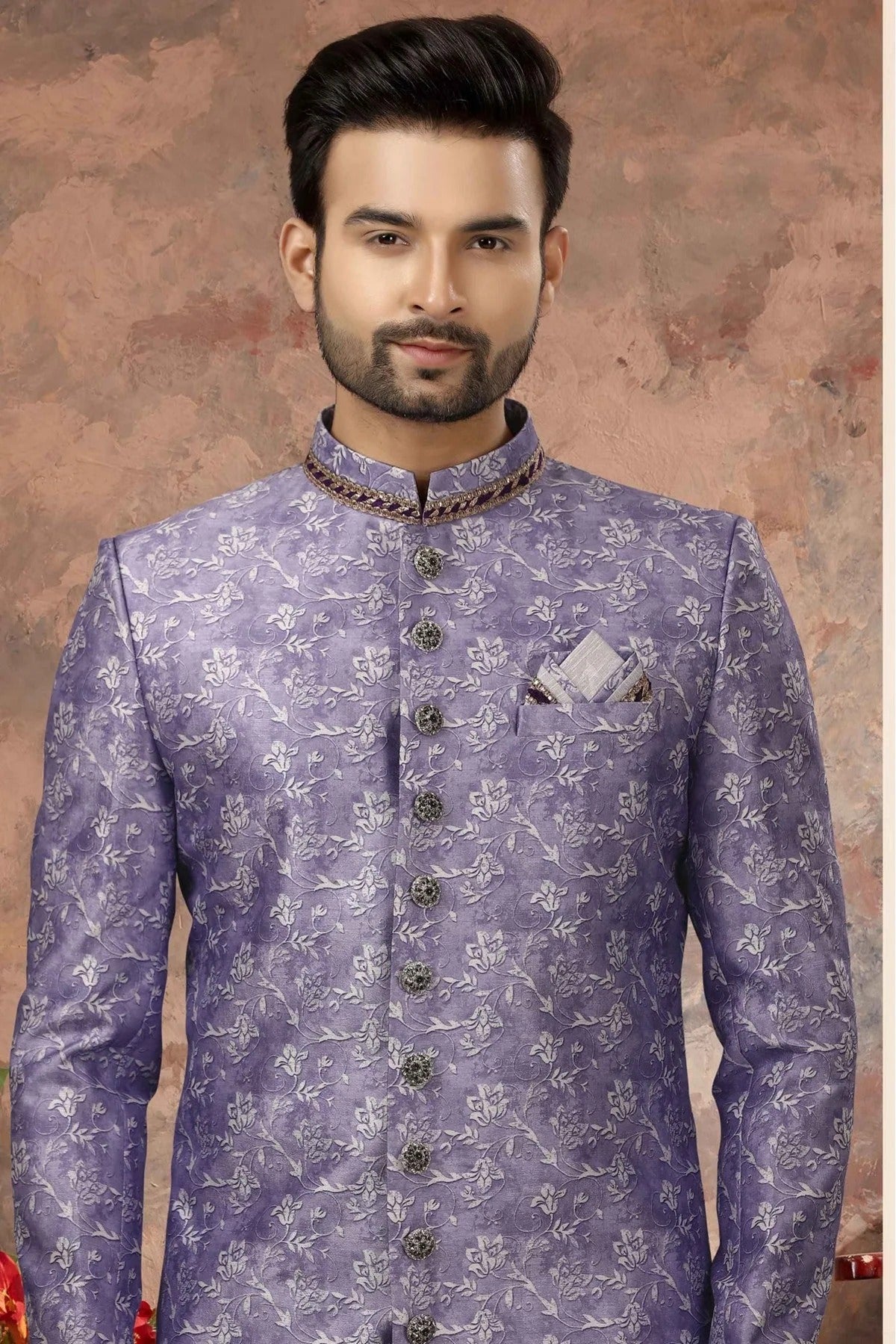 Violet Colour Jacquard Digital Print Sherwani SH1040336 A