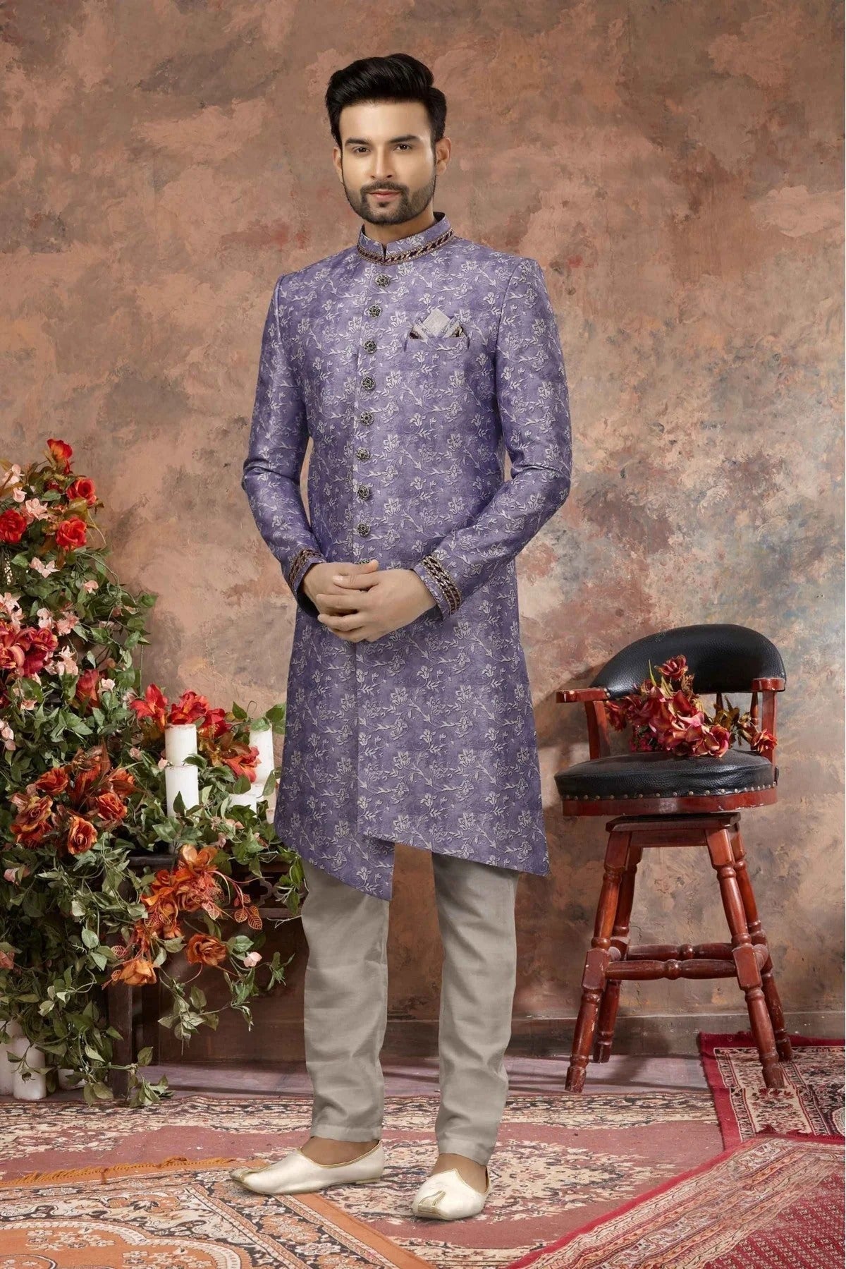 Violet Colour Jacquard Digital Print Sherwani SH1040336
