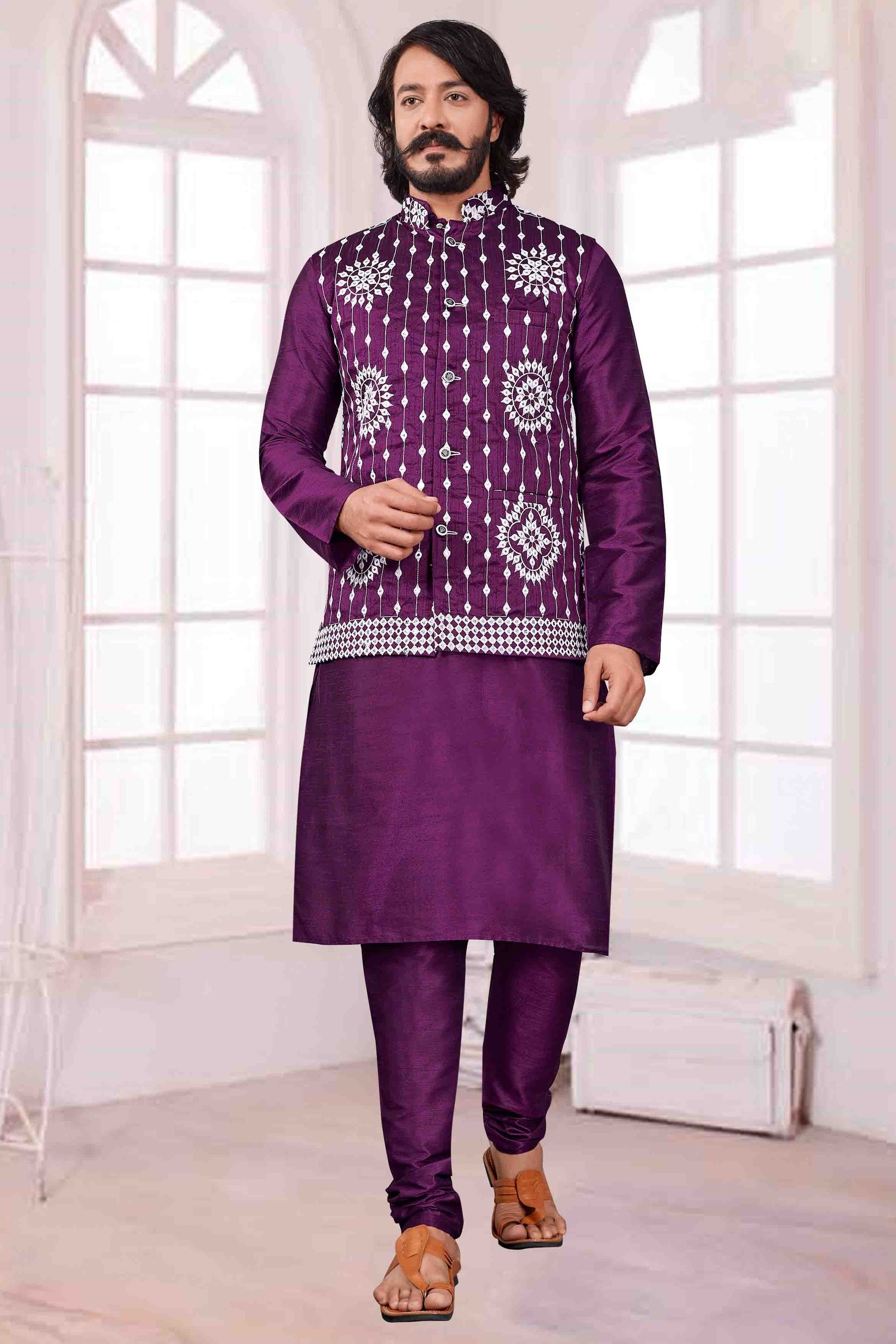 Violet Colour Kurta Pajama With Jacket In Art Silk KP1210382
