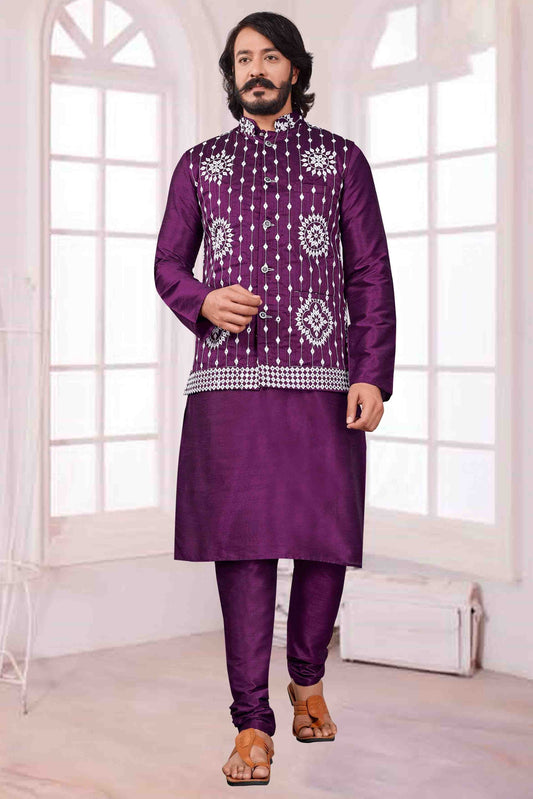 Violet Colour Kurta Pajama With Jacket In Art Silk KP1210382