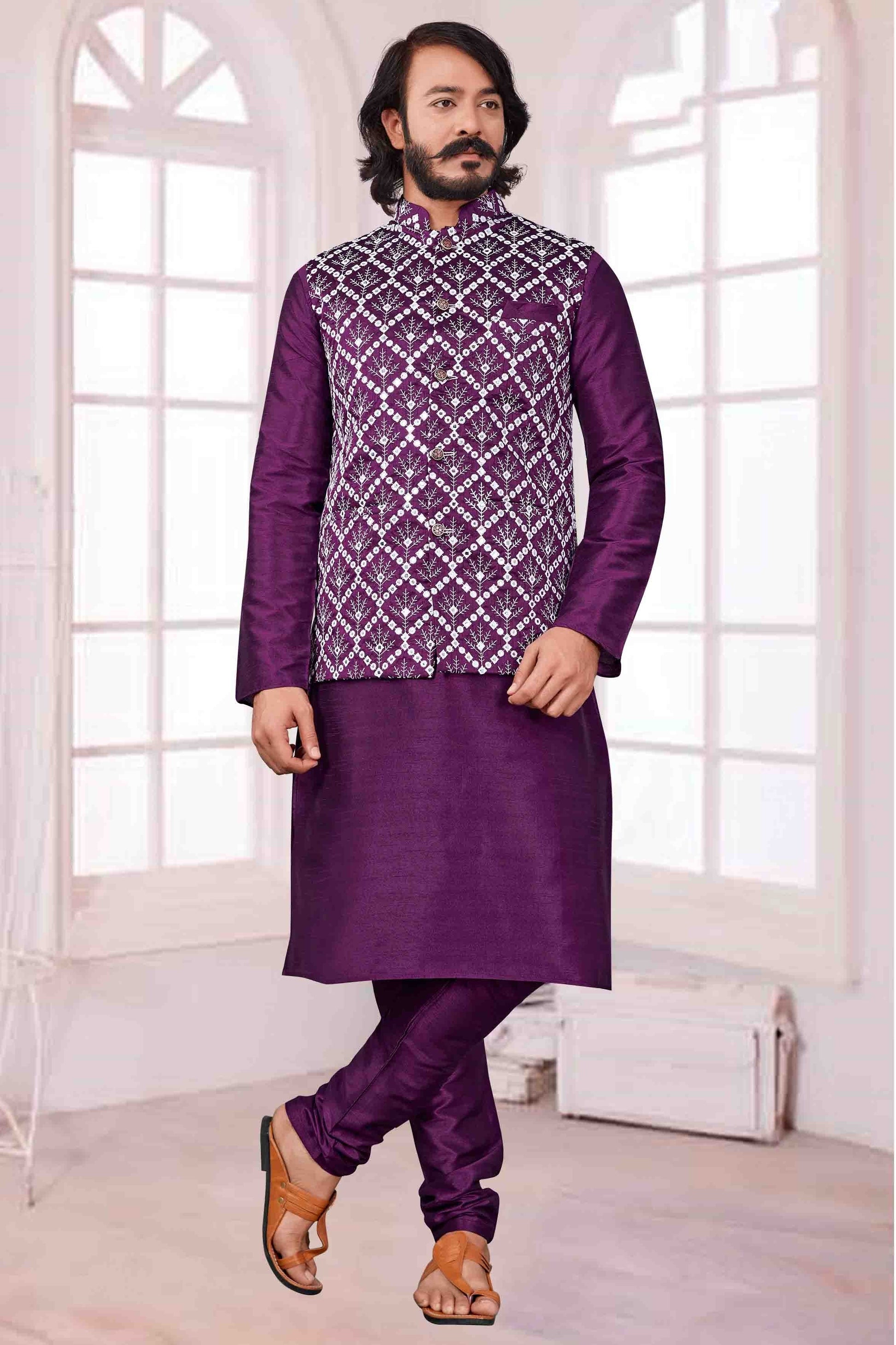 Violet Colour Kurta Pajama With Jacket In Art Silk KP1210392
