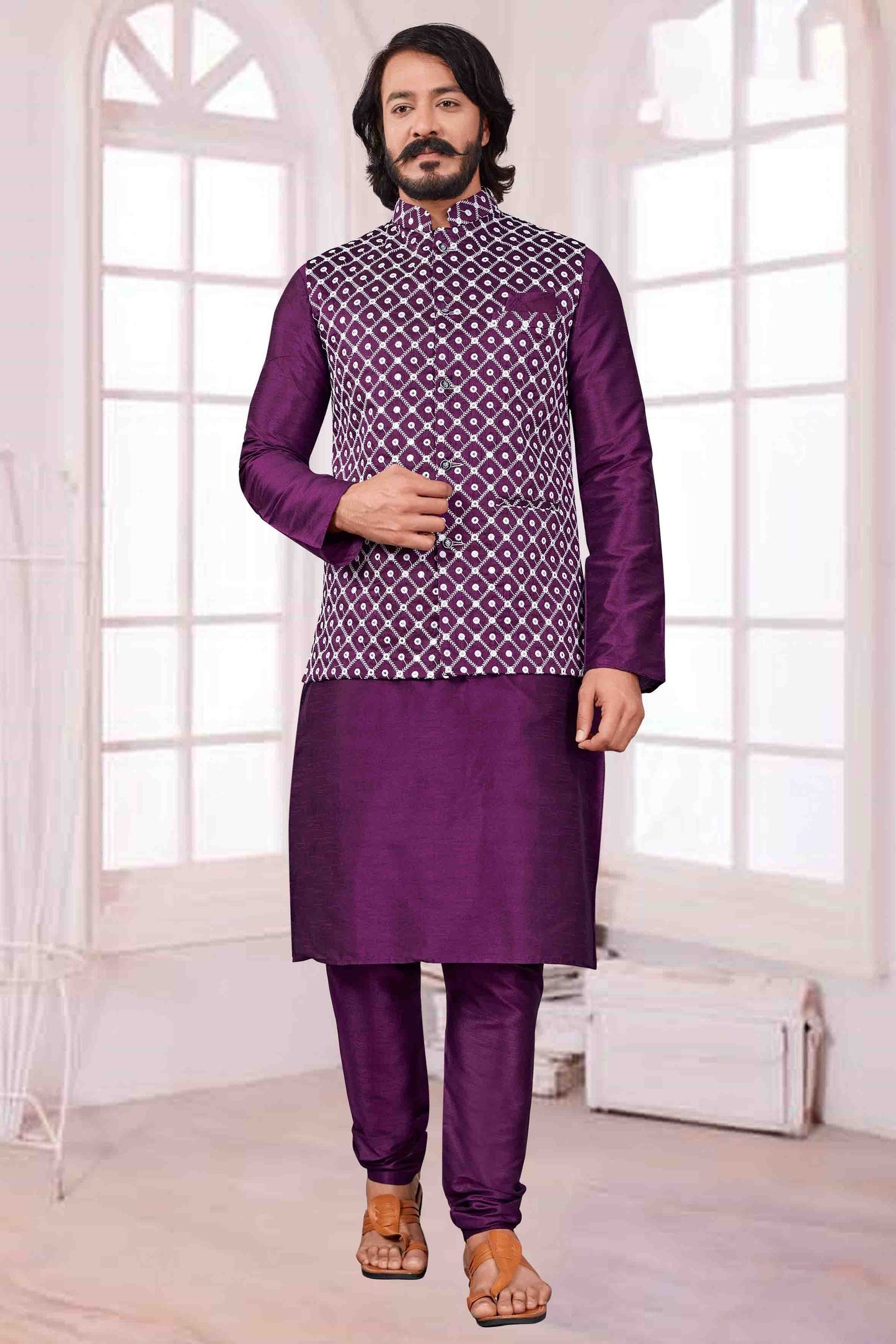 Violet Colour Kurta Pajama With Jacket In Art Silk KP1210402