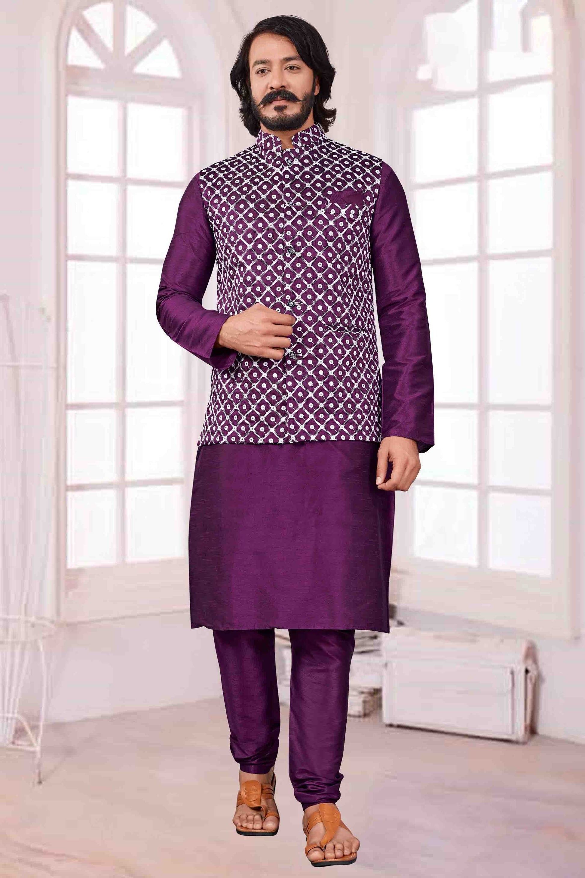 Violet Colour Kurta Pajama With Jacket In Art Silk KP1210402