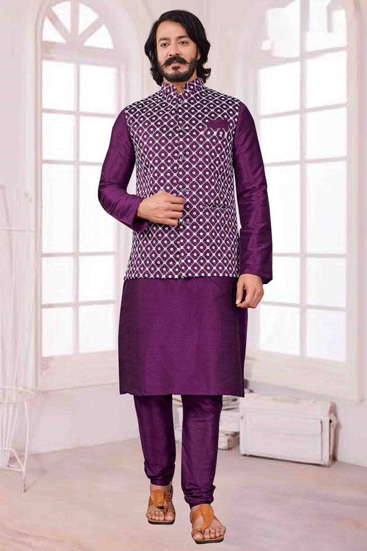 Violet Colour Kurta Pajama With Jacket In Art Silk KP1210402