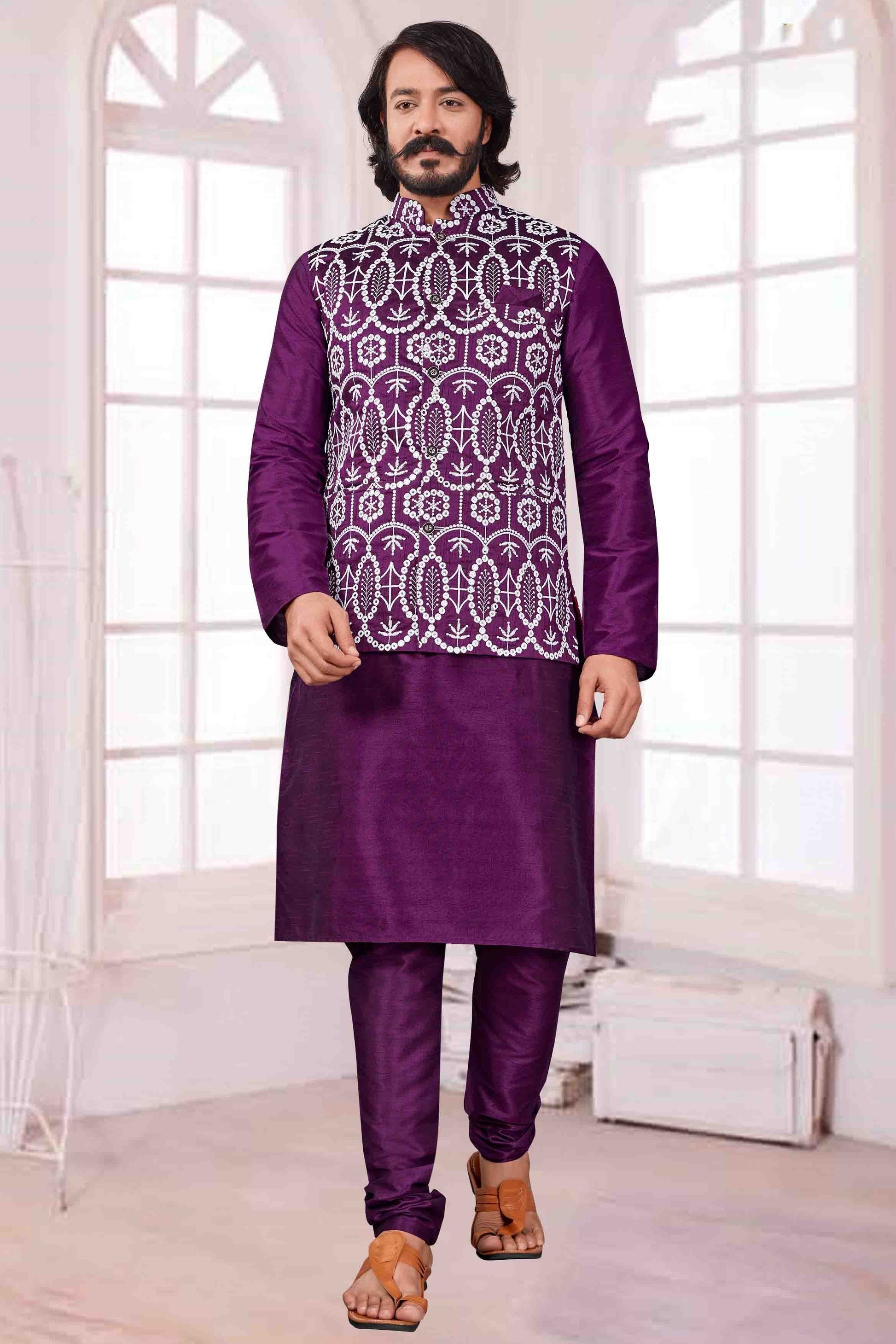 Violet Colour Kurta Pajama With Jacket In Art Silk KP1210428