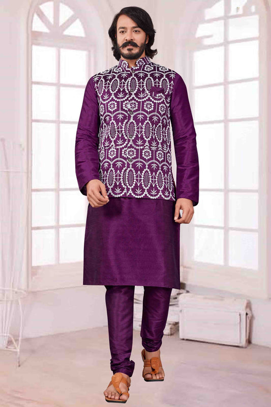 Violet Colour Kurta Pajama With Jacket In Art Silk KP1210428