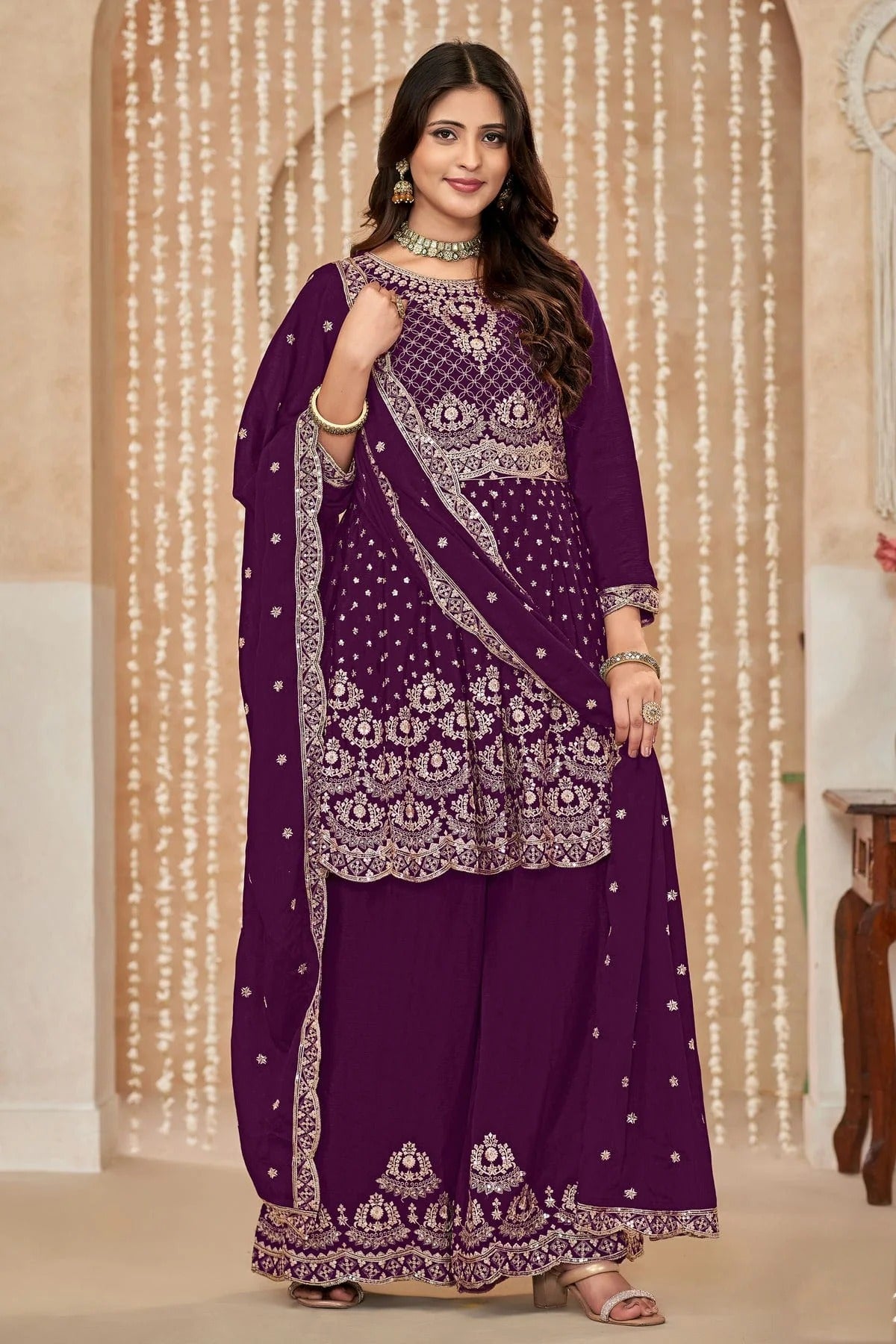 Voilet Colour Chinon Palazzo Pant Suit SM1050585