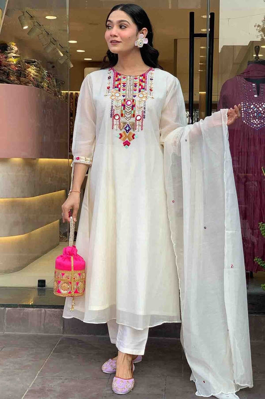 White Colour Chanderi Silk Stitched Suit SS1113293