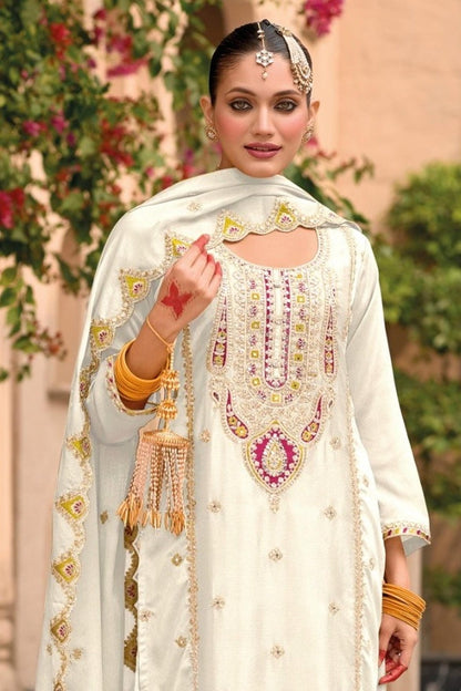 White Colour Chinon Embroidery Work Palazzo Pant Suit