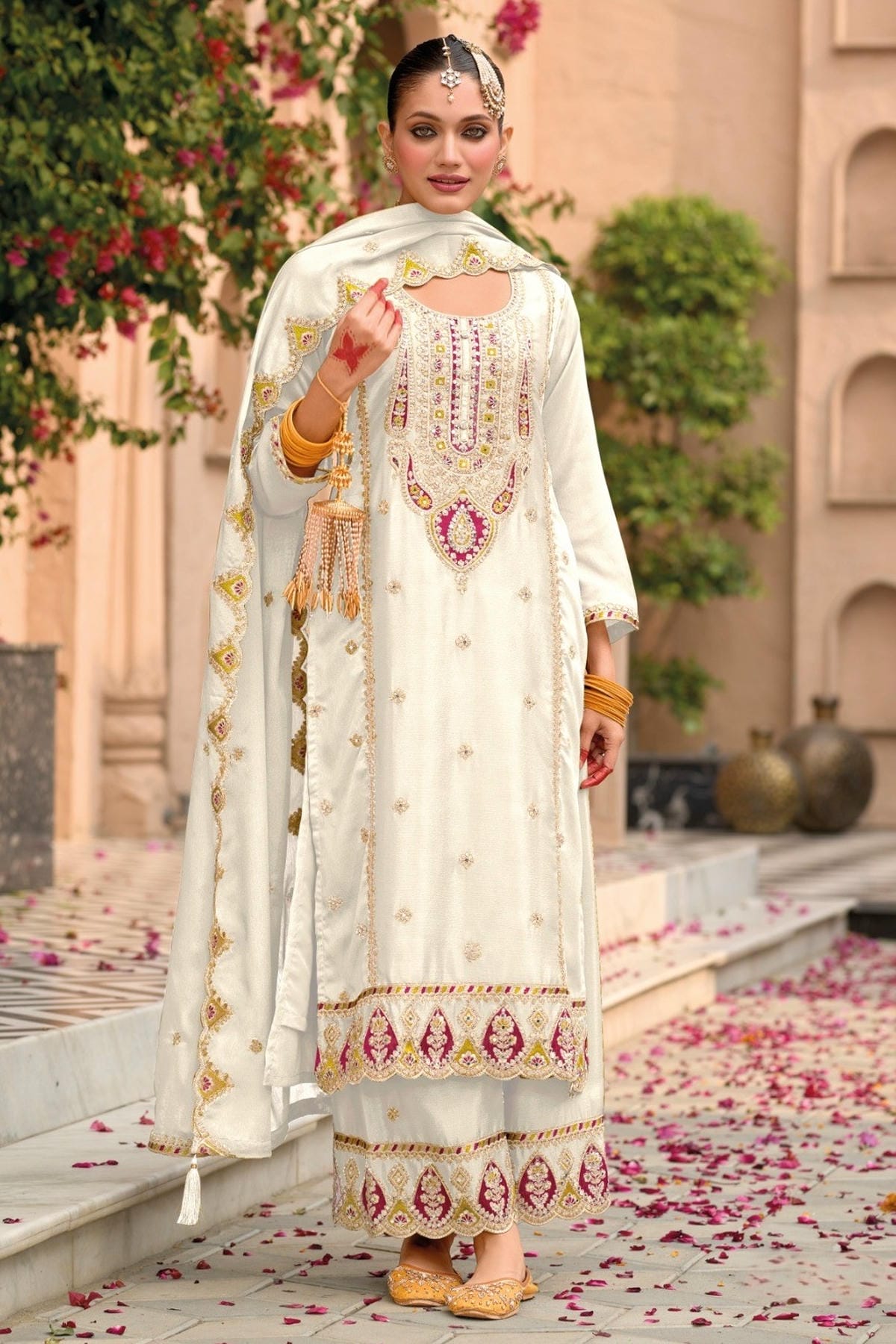 White Colour Chinon Embroidery Work Palazzo Pant Suit