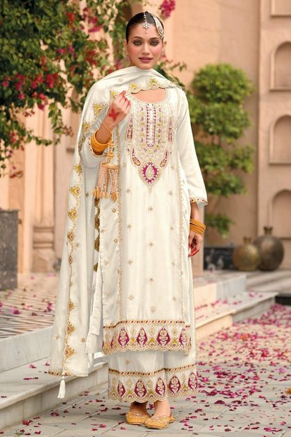 White Colour Chinon Embroidery Work Palazzo Pant Suit