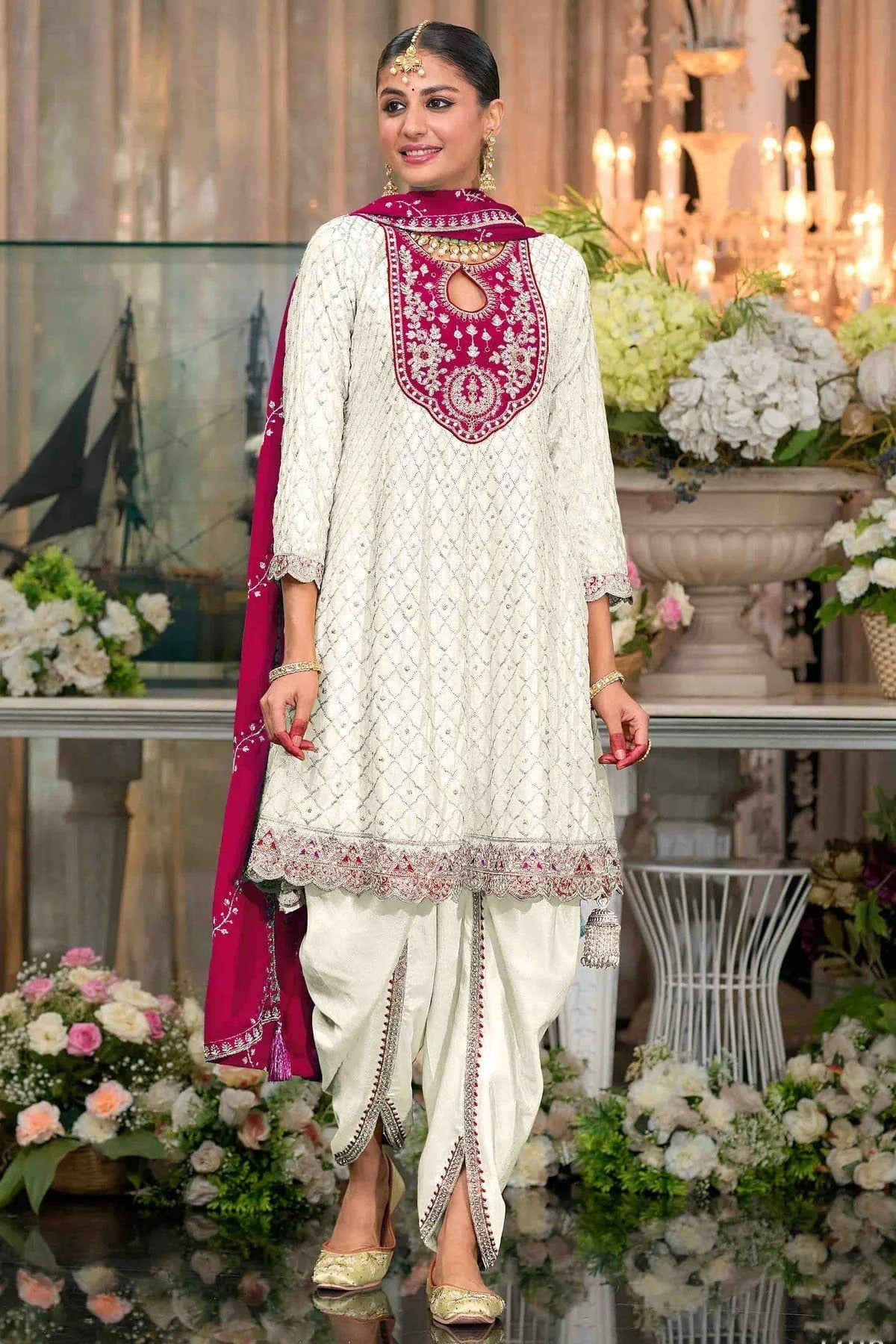 White Colour Chinon Stitched Patiala Suit SS1140964