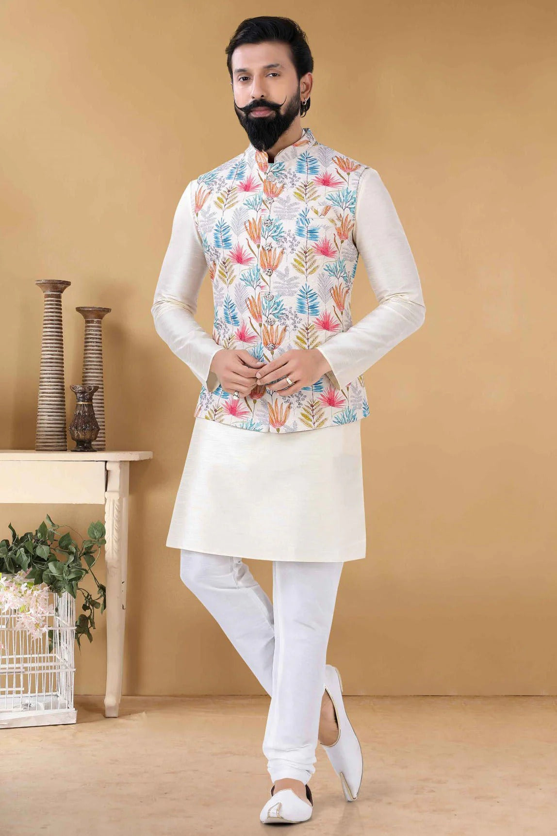 White Colour Cotton Kurta Pajama With Jacket KP1130092