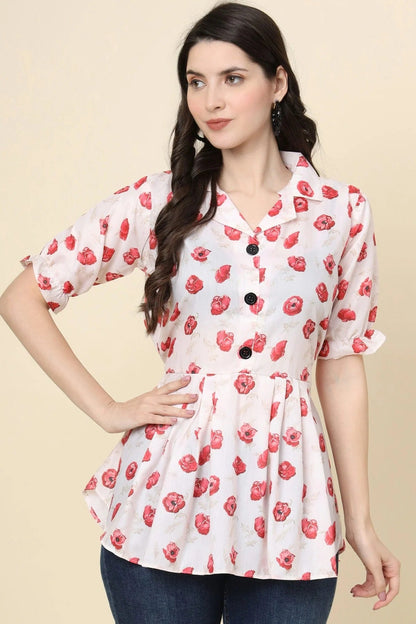 White Colour Cotton Printed Work Readymade Top TP1110778