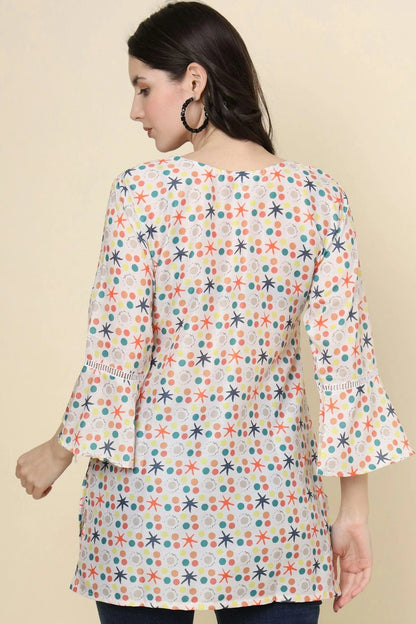 White Colour Cotton Printed Work Readymade Top TP1110795 A