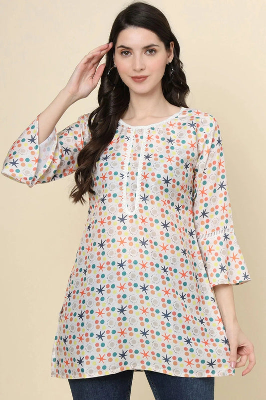White Colour Cotton Printed Work Readymade Top TP1110795