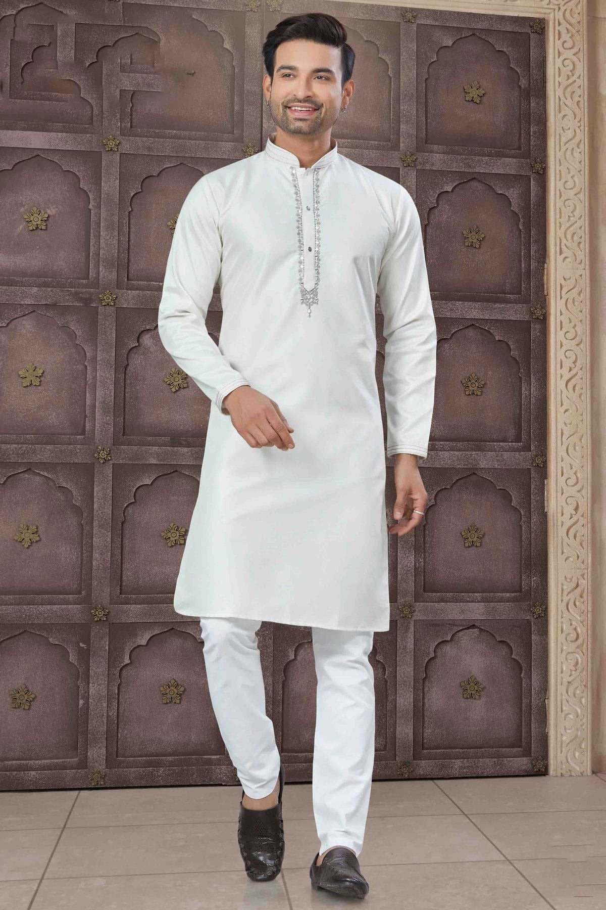 White Colour Embroidery Cotton Kurta Pajama KP1113455