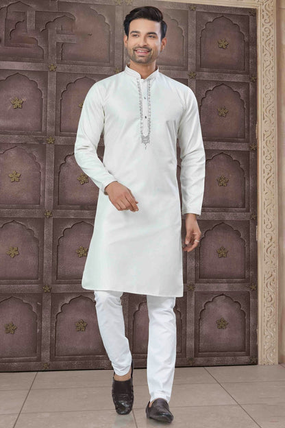 White Colour Embroidery Cotton Kurta Pajama KP1113455