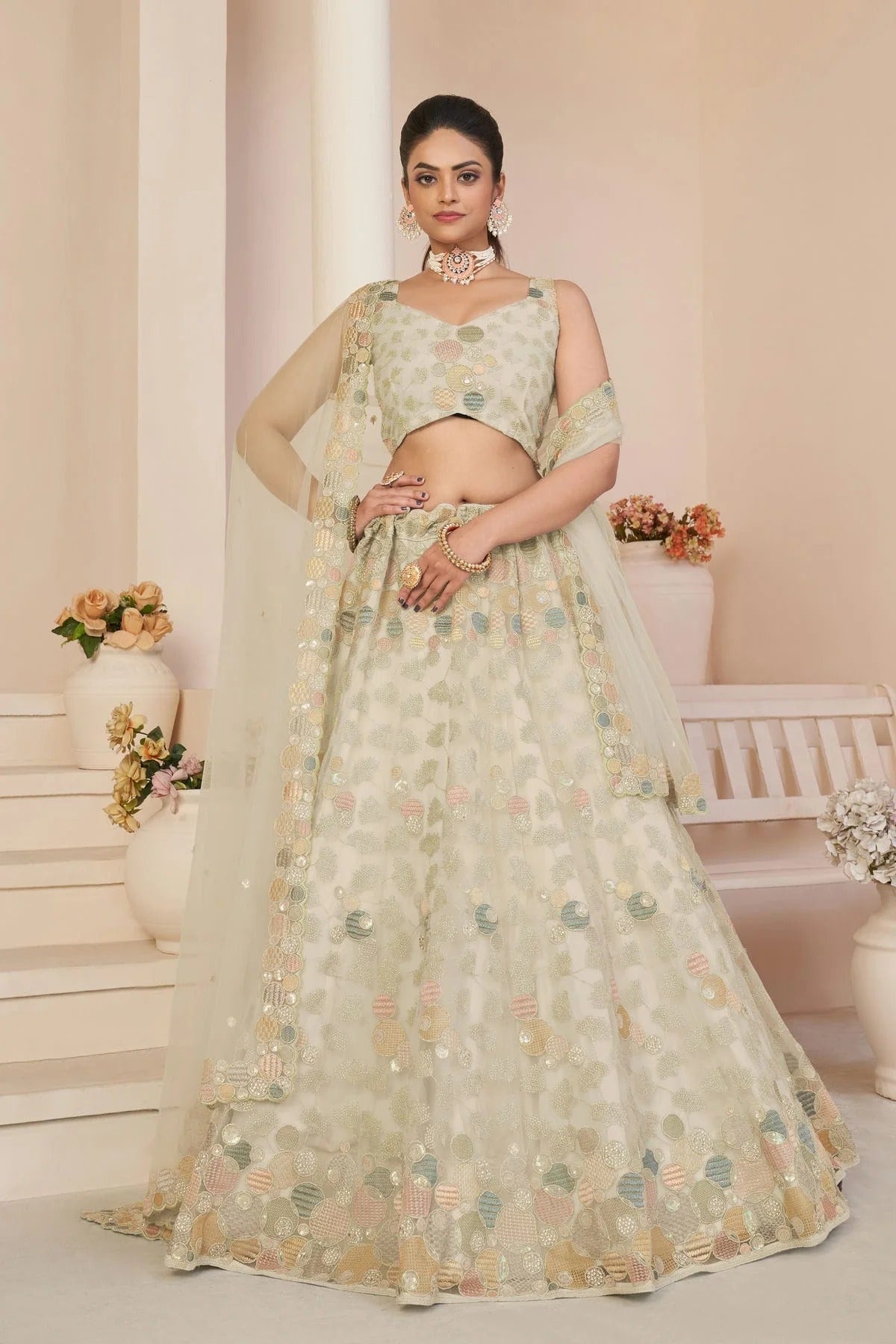 White Colour Embroidery Net Lehenga Choli LD1080852